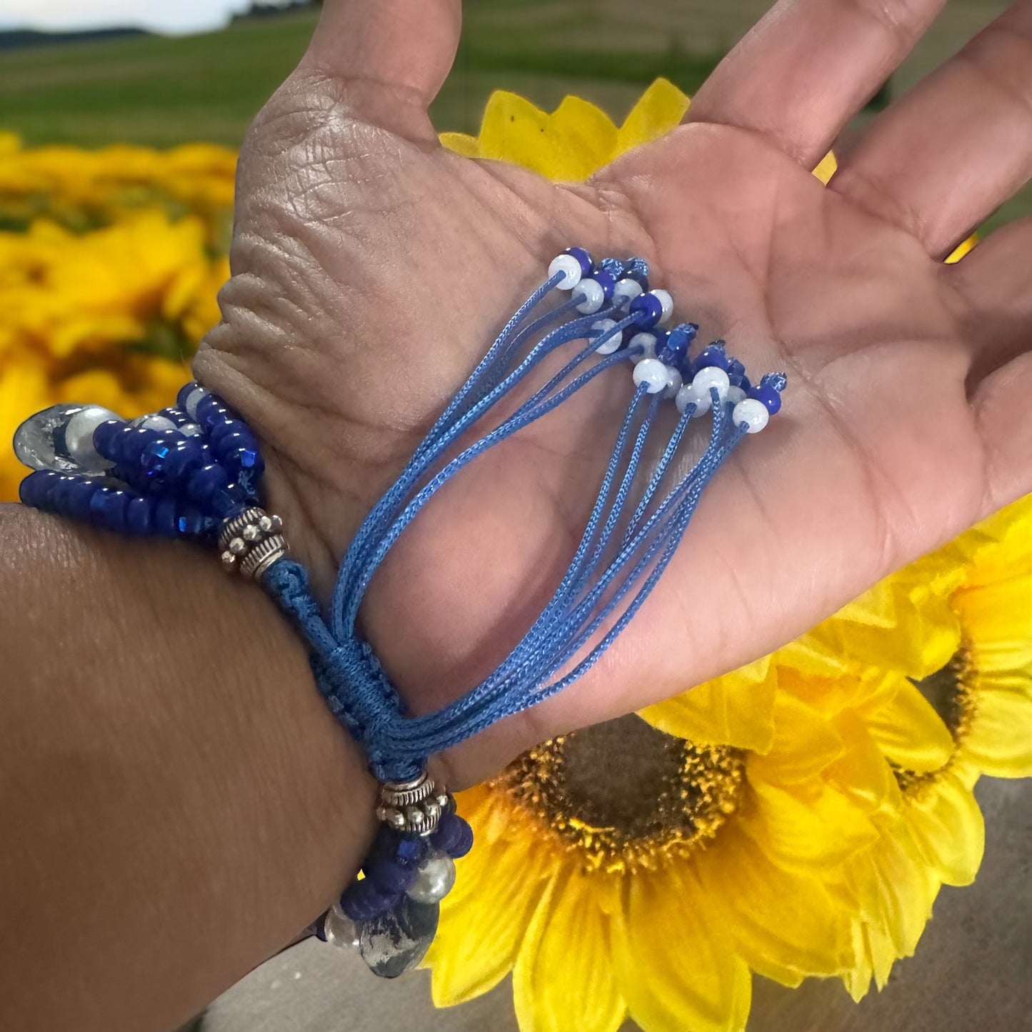 Handmade Twisted CZECH SEED BEAD Bracelet 6 Strands-  BLUE