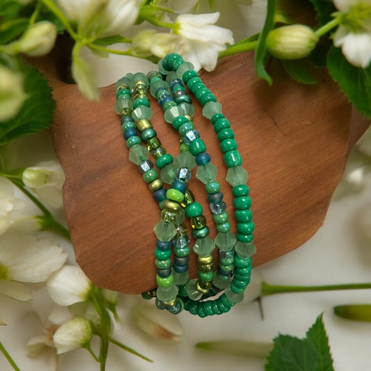 Handmade Twisted CZECH Seed & Glass Bicone Beads Bracelet 5 Strands-  Green